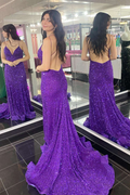 Purple Sequin V-Neck Open Back Mermaid Long Prom Dress Y1670