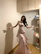 Sweet Pink Spaghetti Straps Satin Layered Mermaid Evening Dress Formal Party Gown Guest Dress