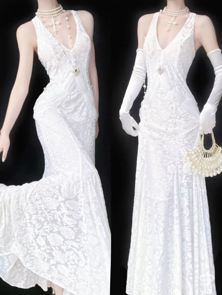 Classy V Neck White Lace Mermaid Long Evening Dress Party Gown