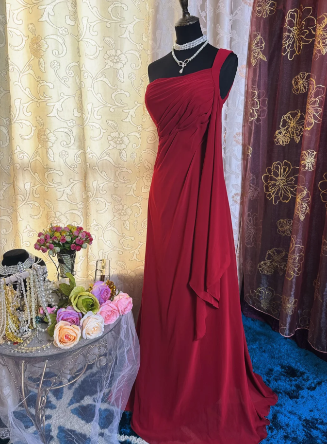 Charming Red One Shoulder Satin Pleated Mermaid Long Party Dress Formal Wedding Guest Dress SP1948