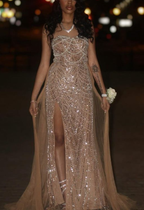Gorgeous Champagne Strapless Tulle Sequin Slit Mermaid Prom Dress Long Evening Gown