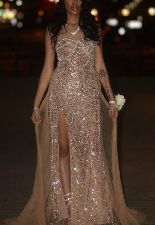 Gorgeous Champagne Strapless Tulle Sequin Slit Mermaid Prom Dress Long Evening Gown