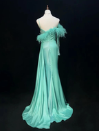 Elegant Green Satin Beaded Mermaid Long Party Dress Prom Gown With Feathers SP1819