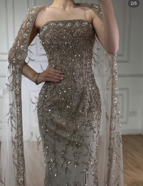 Gorgeous Strapless Gray Tulle Beaded Mermaid Long Party Dress Prom Gown SP1348