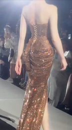 Luxurious Gold Strapless Sequin Beaded Mermaid Slit Evening Dress Long Party Gown