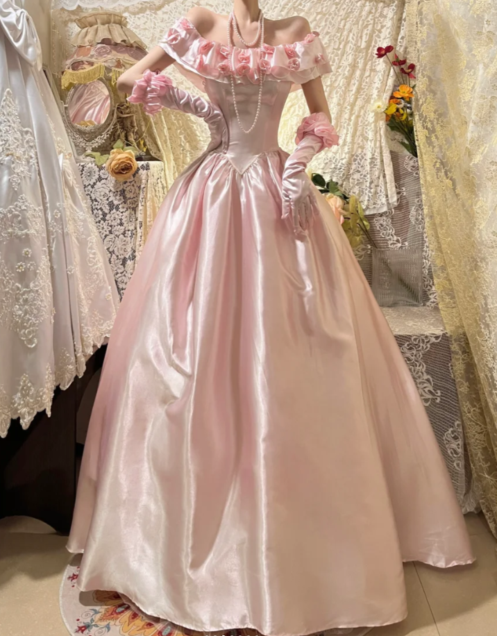 Sweet Pink Ball Gown Off The Shoulder 3D Flowers Beaded Long Birthday Party Dress Evening Gown With Gloves