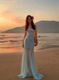 Classy Blue Strapless Chiffon Mermaid Long evening Dress birthday Prom Dresses SP1288