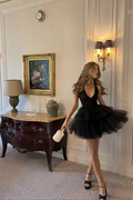 Elegant V Neck Black Tulle A Line Formal Graduation Homecoming Dress Short Cocktail Dress SP61