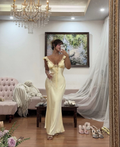 Cute Yellow V Neck Satin Mermaid Long Wedding Guest Dress Evening Gown SP1294