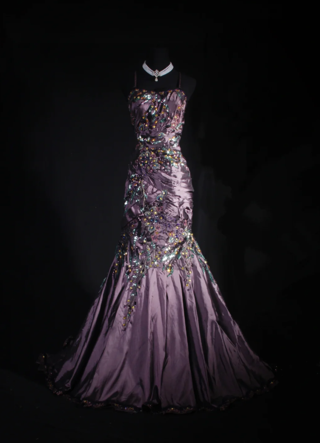 Charming Spaghetti Straps Satin Sequin Beaded Mermaid Evening Dress Purple Long Party Dress Prom Gown