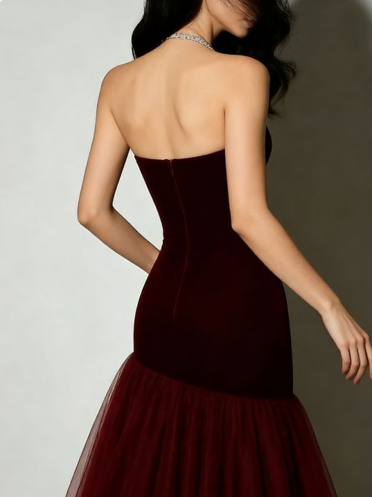 Elegant Strapless Mermaid Burgundy Tulle Long Prom Dress 20th Birthday Party Dress SP1671