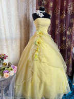 Sweet Strapless Ball Gown Yellow Organza Pleated Birthday Quinceanera Dress With 3D Flowers SP1891