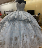 Handmade Smoke Blue Flowers Quinceanera Dress Sleeveless Appliques Ball Gown Sweet 16 Dress Y6294