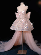 Pretty Strapless Pink Tulle Beaded Mini Birthday Dress Short Homecoming Dress With Bow Y9317