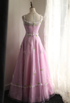 Cute Pink Spaghetti Straps Tulle Satin Appliques Long Birthday Prom Dress Evening Gown SP1850