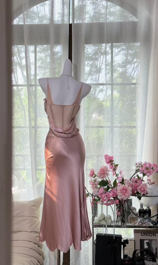 Elegant Spaghetti Straps Sweetheart Neck Pink Satin Mermaid Party Dress Long Birthday Prom Gown
