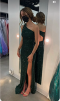 Glitter One Shoulder Green Sheath/Column Evening Dress Charming Formal Gown With Side Slit  Y509