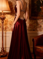 Sexy Burgundy Satin Beaded Backless Long Evening Dress Prom Gown SP848