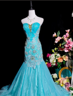 Charming Strapless Blue Tulle Appliques Beaded Mermaid Party Dress Long Birthday Evening Gown
