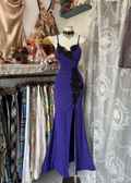 Vintage Spaghetti Straps V Neck Satin Lace Mermaid Slit Evening Dress Purple Prom Gown
