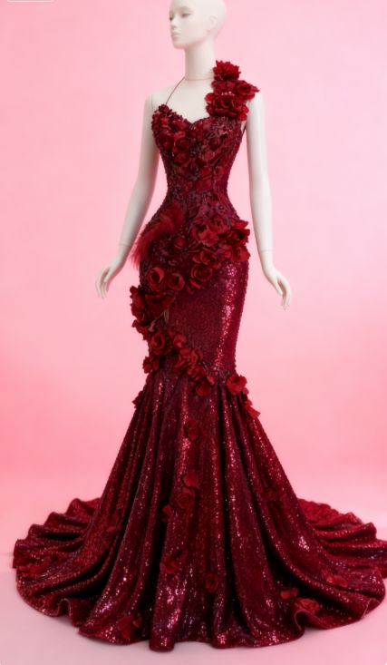 Gorgeous Halter Burgundy Sequin Appliques Mermaid Long Evening Dress Prom Dresses SP1470