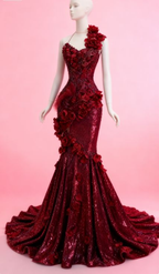 Gorgeous Halter Burgundy Sequin Appliques Mermaid Long Evening Dress Prom Dresses SP1470
