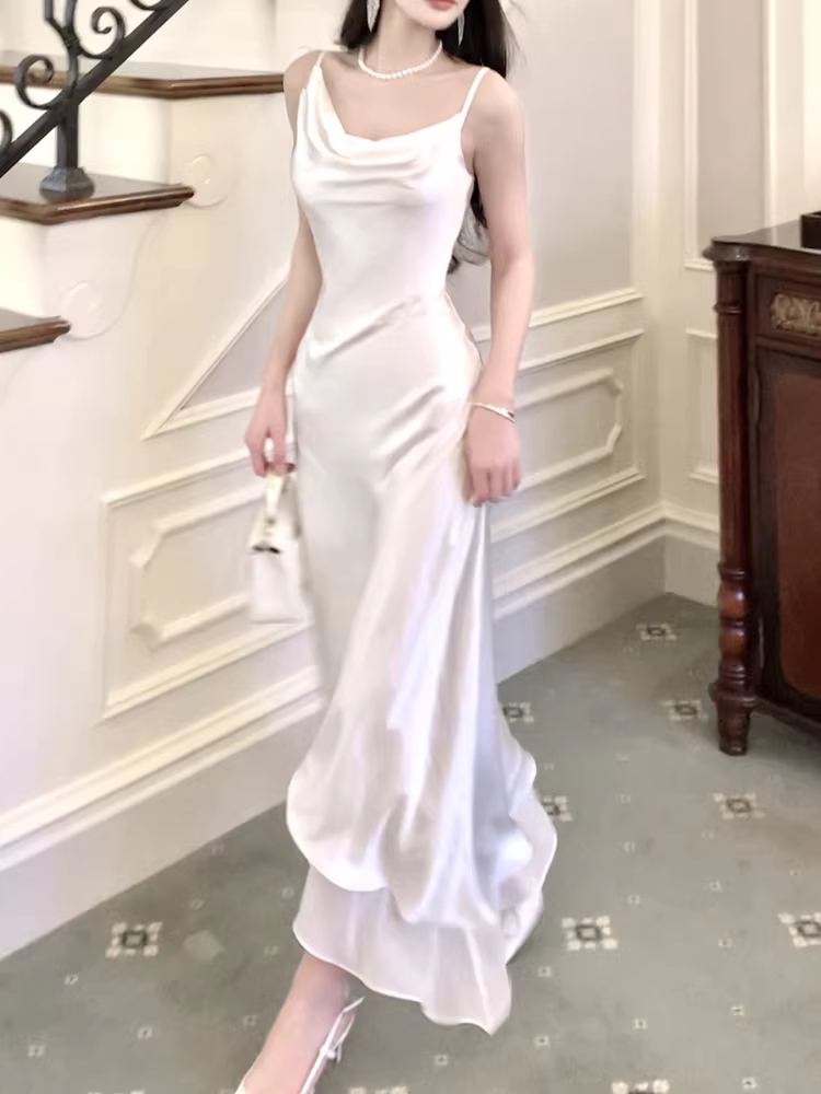 Classy Spaghetti Straps White Satin Chiffon Mermaid Long Prom Dress Birthday Party Gown SP1988