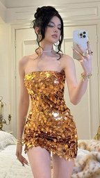 Sparkly Gold Sequin Homecoming Dress Strapless Short Birthday Outfits Cocktail Dress Y8905