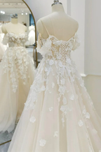 Off Shoulder Light Champagne Tulle Lace Long Wedding Dress Y211