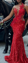 Charming Red Sleeveless Sequin Appliques Mermaid Prom Dress Long Evening Gown