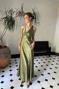 Vintage Halter V Neck Olive Green Satin Long Bridesmaid Dress Formal Guest Dress SP339