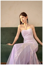 Gorgeous Sweetheart Neck Lavender Tulle Sequin Mermaid Long wedding Guest Dress Formal Evening Dress Prom Gown