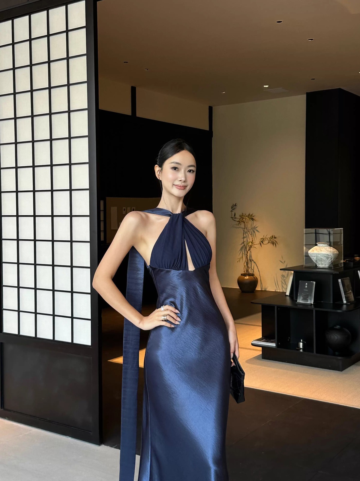 Classy Sleeveless Navy Blue Satin Mermaid Long Wedding Guest Dress Formal Backless Party Dress Evening Gown