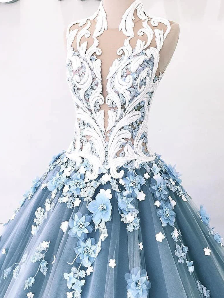 Vintage Ball Gown Prom Dress Tulle High Neck Customed Prom Dress