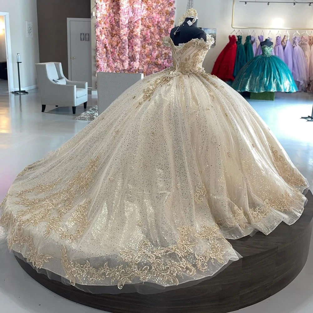 Sparkly Off Shoulder Champagne Quinceañera Dress Party Ball Gown