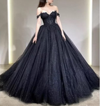 Lace Applique Tulle Dress Black Glitter Wedding Dress 3D Flowers Long Evening Gown