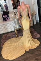 Super Shiny Halter Sleeveless Mermaid Long Prom Gown with Sweep Train   cg24854