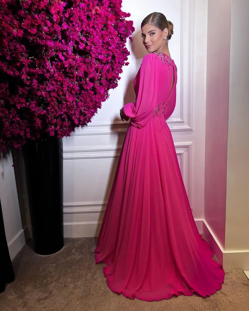 Fuchsia Chiffon Prom Dresses Simple Evening Dress Long Puff Sleeves V Neck Slit A Line Party Gowns