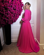 Fuchsia Chiffon Prom Dresses Simple Evening Dress Long Puff Sleeves V Neck Slit A Line Party Gowns