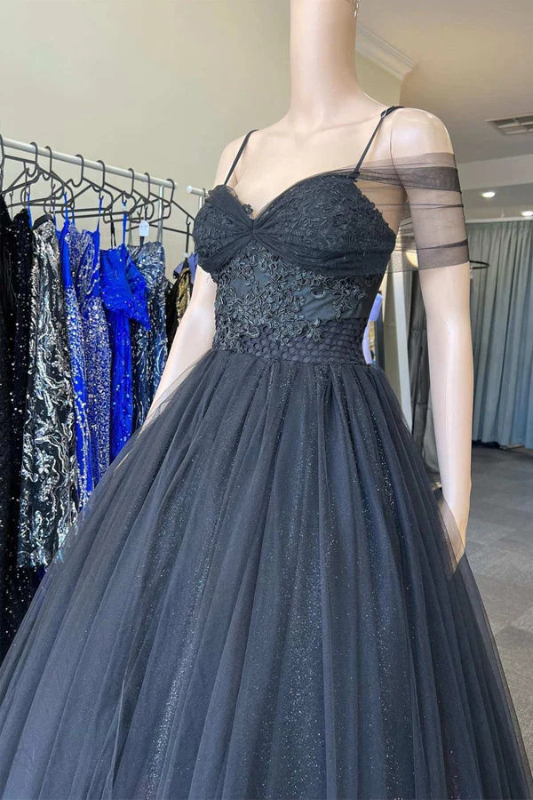 A Line Wedding Dress Princess V Neck Black Tulle Cold Shoulder Long Prom Gown Formal Dresses