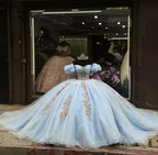 New Arrival Sky Blue Ball Gown Quinceanera Dresses Court Train Beading Lace Flowers Appliques Sweet 16 Prom Party Gowns