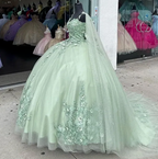 Sage Green Shiny Sweetheart Quinceanera Dresses With Cape Sweet 16 Dresses Ball Gown Applique Tulle Birthday Gowns