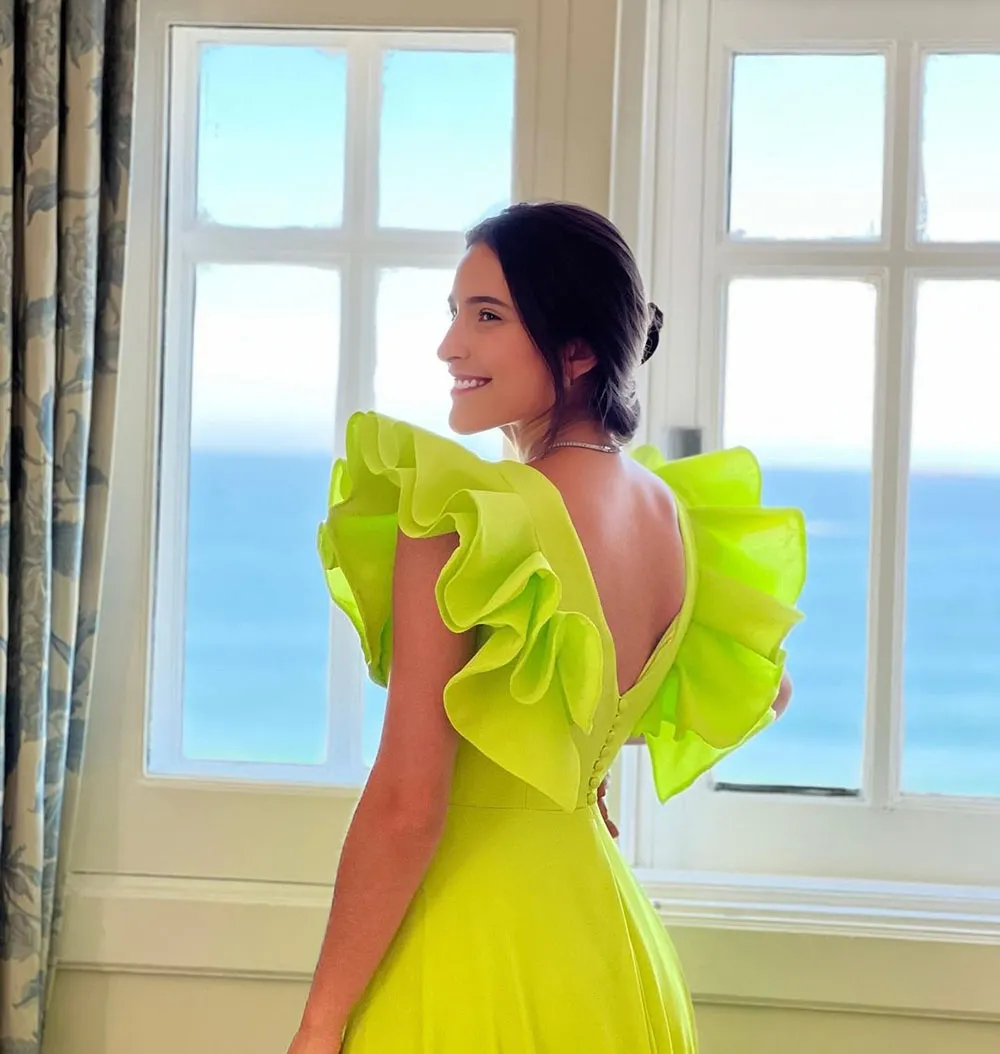 Modern Ruffles Sleeve Evening Dresses V Neck Side Split Satin Special Dress Prom Gown