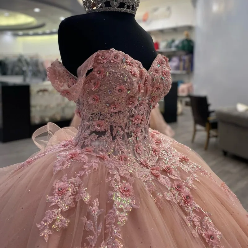 Pink Lace Long Prom Dresses Ball Gown Sweet 16 Dresses
