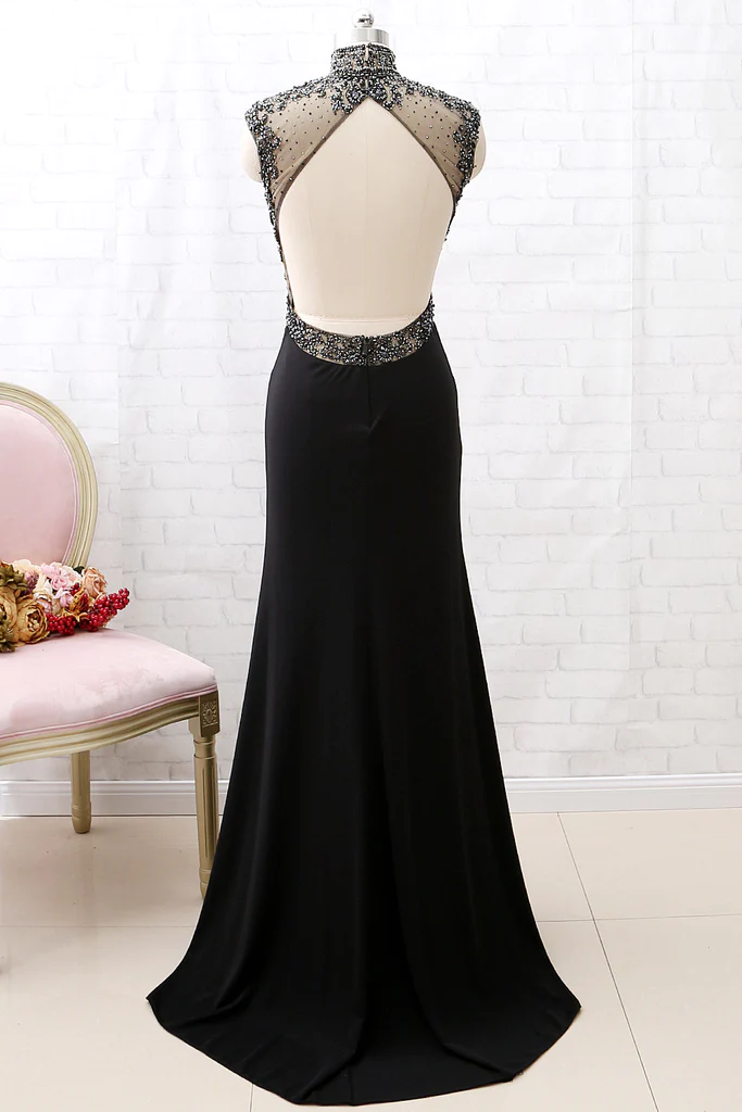 Mermaid High Neck Beaded Jersey Black Formal Evening prom Gown with Slit  cg6523
