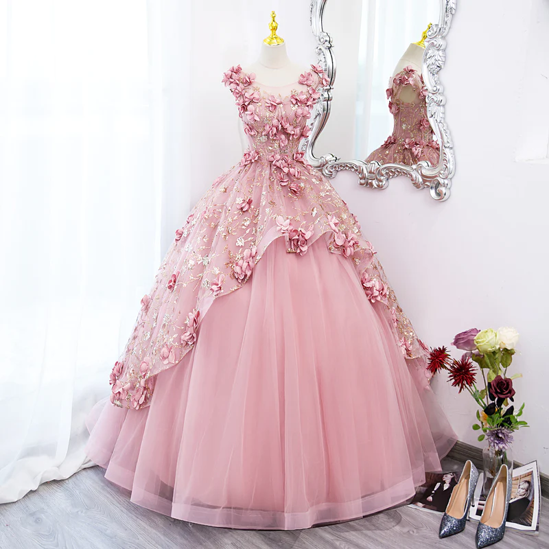 Lovely Pink Tulle Long Party Dress With Flowers Pink Tulle Sweet 16 Gown