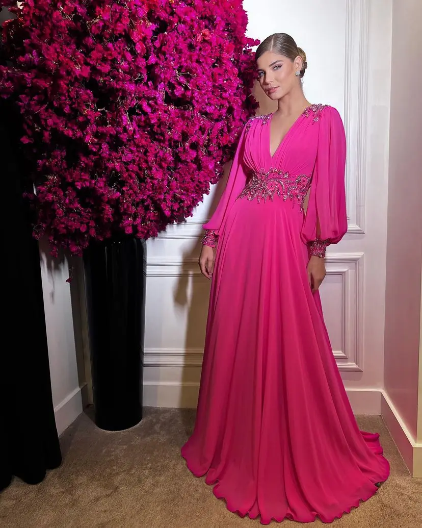 Fuchsia Chiffon Prom Dresses Simple Evening Dress Long Puff Sleeves V Neck Slit A Line Party Gowns