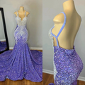 Sexy Lavender Mermaid Prom Dresses For Black Girls Crystal Rhinestone Sequins Open Back Formal Birthday Party Gowns