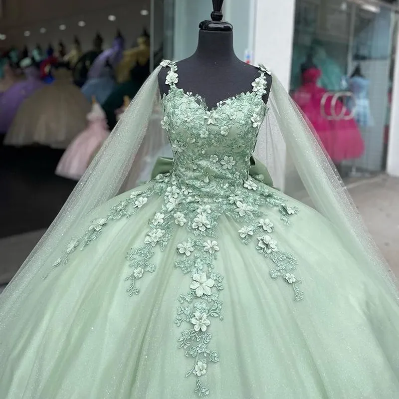 Sage Green Shiny Sweetheart Quinceanera Dresses With Cape Sweet 16 Dresses Ball Gown Applique Tulle Birthday Gowns