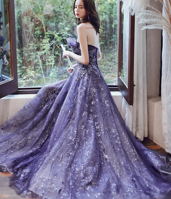 Dark Purple Tulle Style Evening Gown Purple A line Long Prom Dress Party Dress